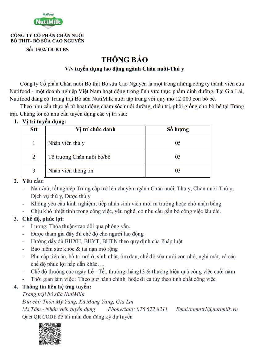 Công ty NutiMilk tuyển dụng nhân viên ngành Chăn nuôi - Thú y